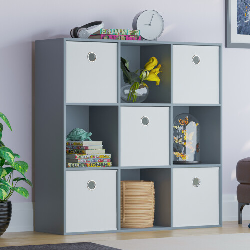 Vida Designs (Grey, White) Durham 3x3 Cube Shelf Drawer Bookcase + 5 Baskets 2