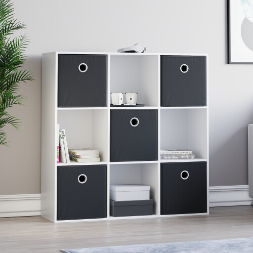 Vida Designs (White, Black) Durham 3x3 Cube Shelf Drawer Bookcase + 5 Baskets 2