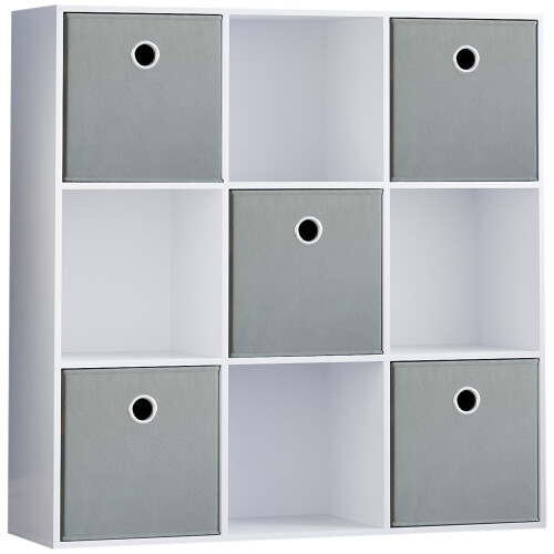 Vida Designs (White, Grey) Durham 3x3 Cube Shelf Drawer Bookcase + 5 Baskets