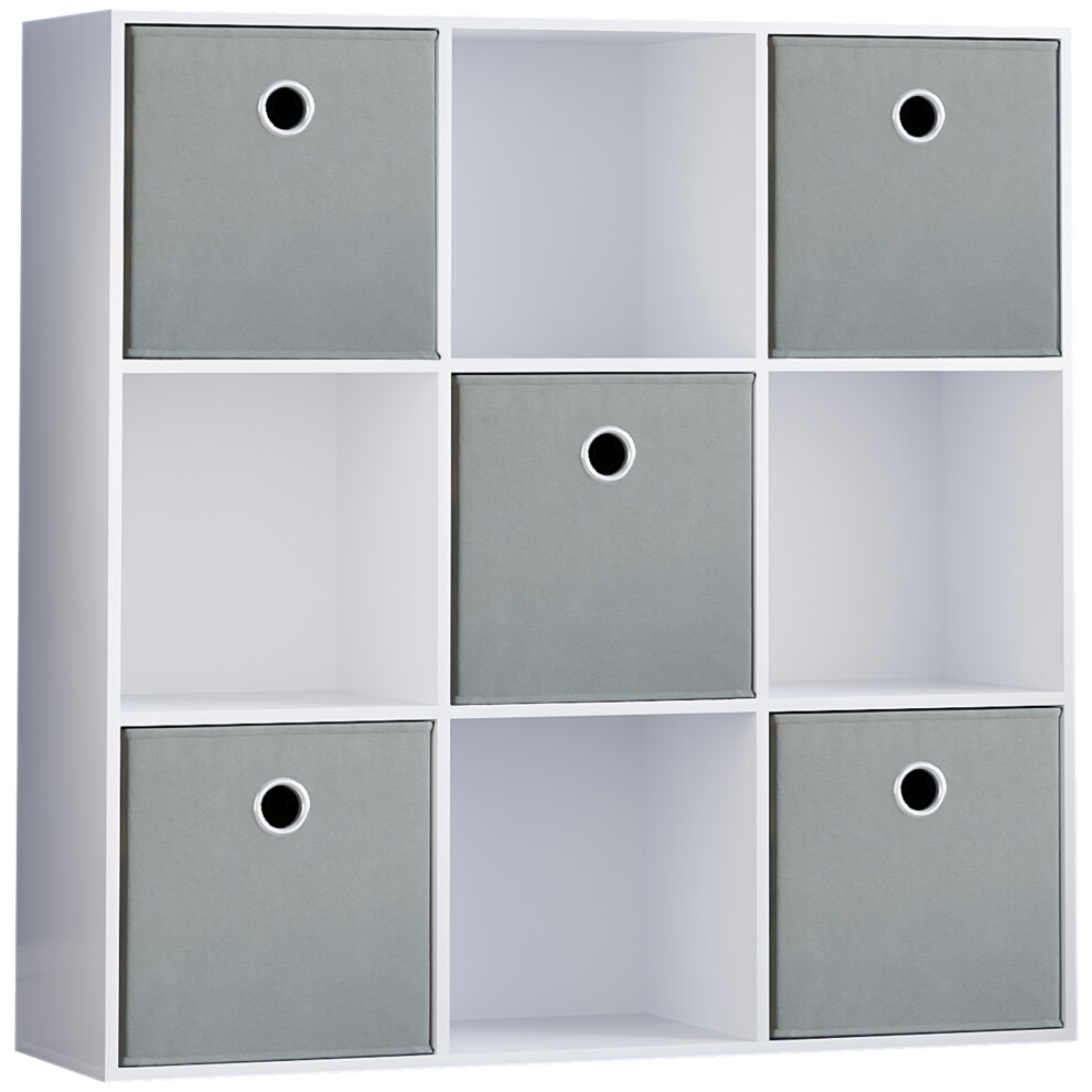 (White, Grey) Durham 3x3 Cube Shelf Drawer Bookcase + 5 Baskets