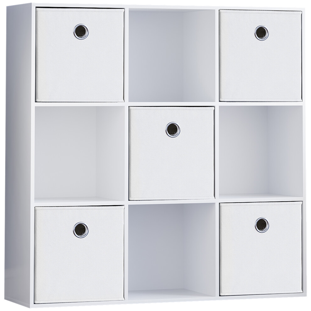 (White, White) Durham 3x3 Cube Shelf Drawer Bookcase + 5 Baskets