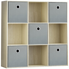 (Oak, Grey) Durham 3x3 Cube Shelf Drawer Bookcase + 5 Baskets