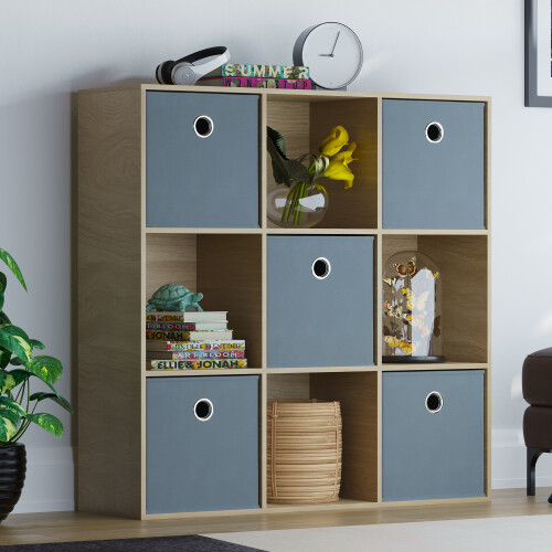 Vida Designs (Oak, Grey) Durham 3x3 Cube Shelf Drawer Bookcase + 5 Baskets 2