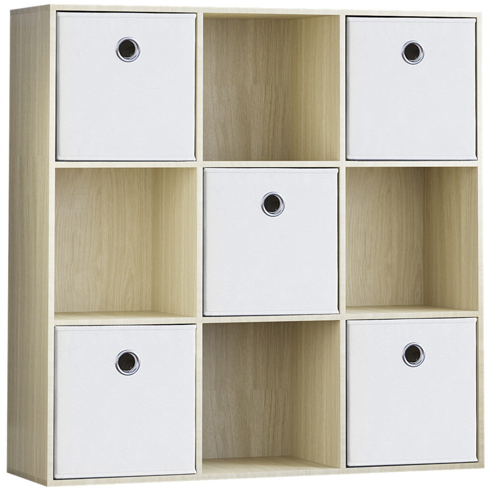 (Oak, White) Durham 3x3 Cube Shelf Drawer Bookcase + 5 Baskets