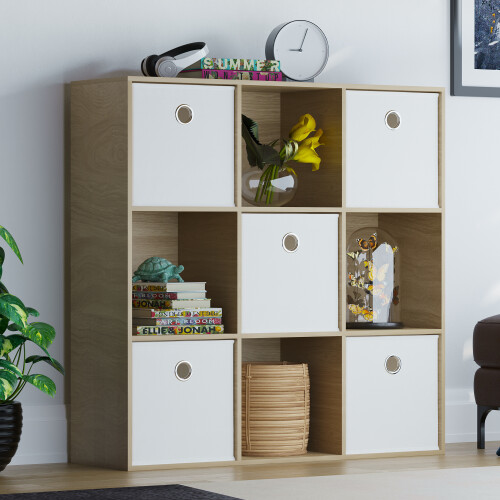 Vida Designs (Oak, White) Durham 3x3 Cube Shelf Drawer Bookcase + 5 Baskets 2
