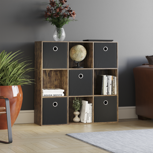 Vida Designs (Dark Wood, Black) Durham 3x3 Cube Shelf Drawer Bookcase + 5 Baskets 2