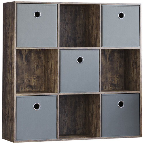 Vida Designs (Dark Wood, Grey) Durham 3x3 Cube Shelf Drawer Bookcase + 5 Baskets