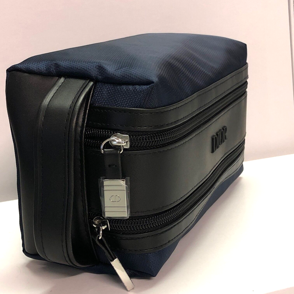 DIOR Navy & Black Mens Toiletry Bag Kit Pouch Travel Case Dual Zipper