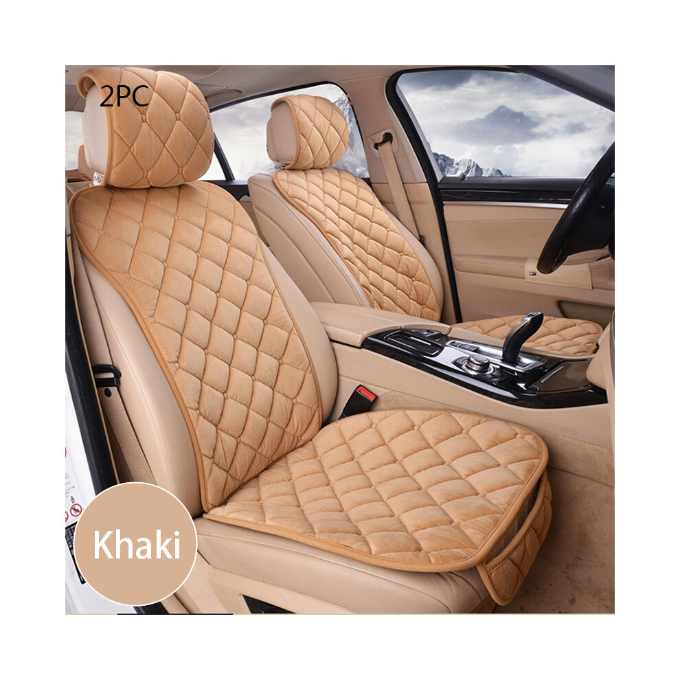 (Front Khaki 2Pcs) Plush Car Seat Cover Set Universal Seat Cushion Auto Seat Protector Pink 8751722495088