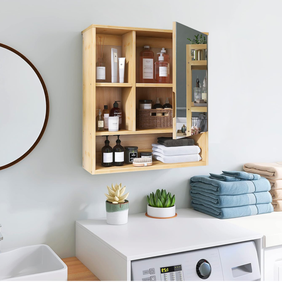Wall Mounted Bamboo Bathroom Mirror Cabinet Cupboard Storage Shelves