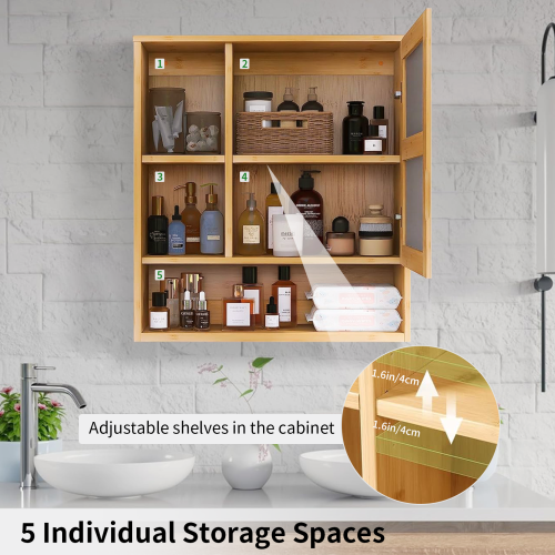 Wall Mounted Bamboo Bathroom Mirror Cabinet Cupboard Storage Shelves 2