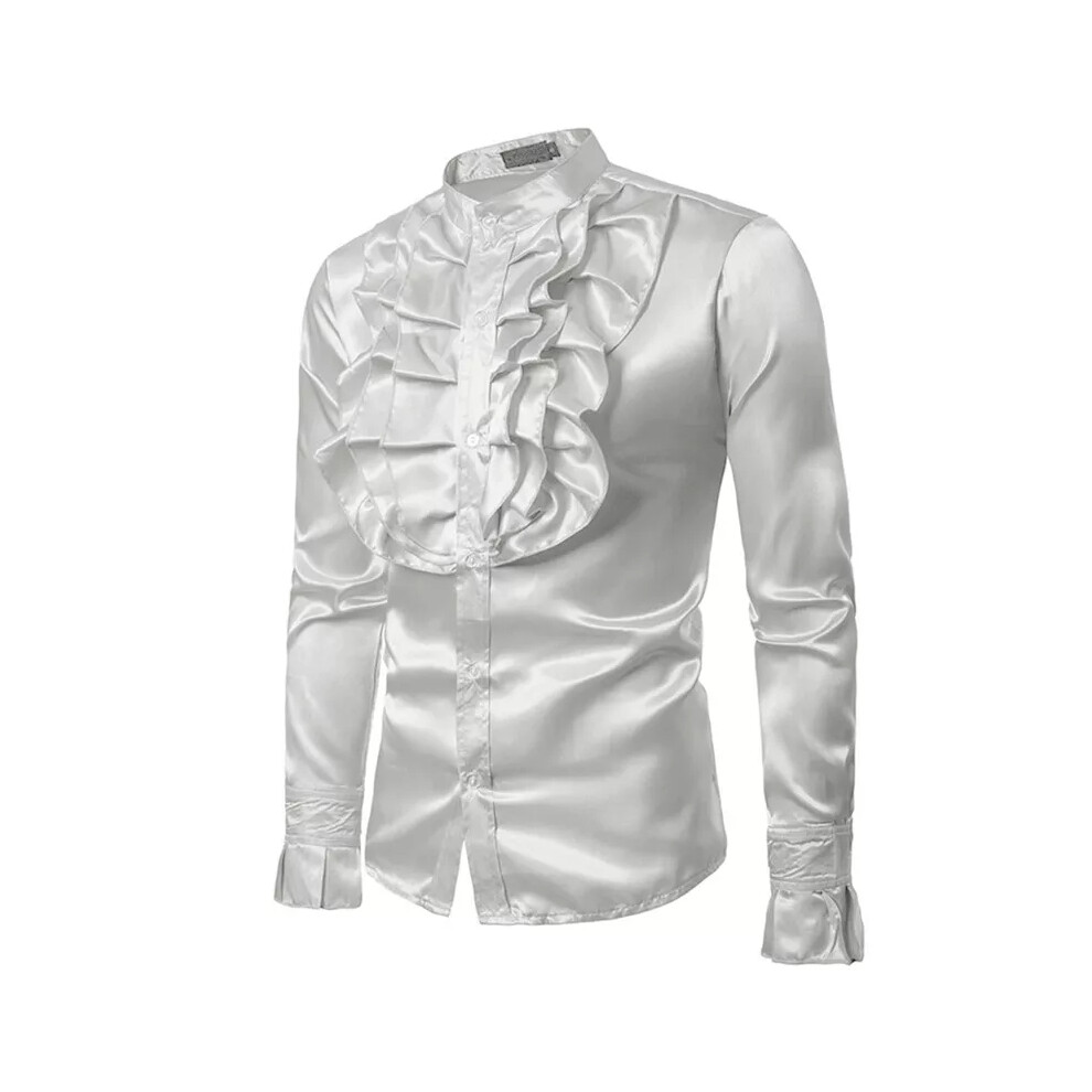 (White, XL) Mens Sequin Long Sleeve Shirt Party Nightclub Dance T-Shirt Shiny Button Tops