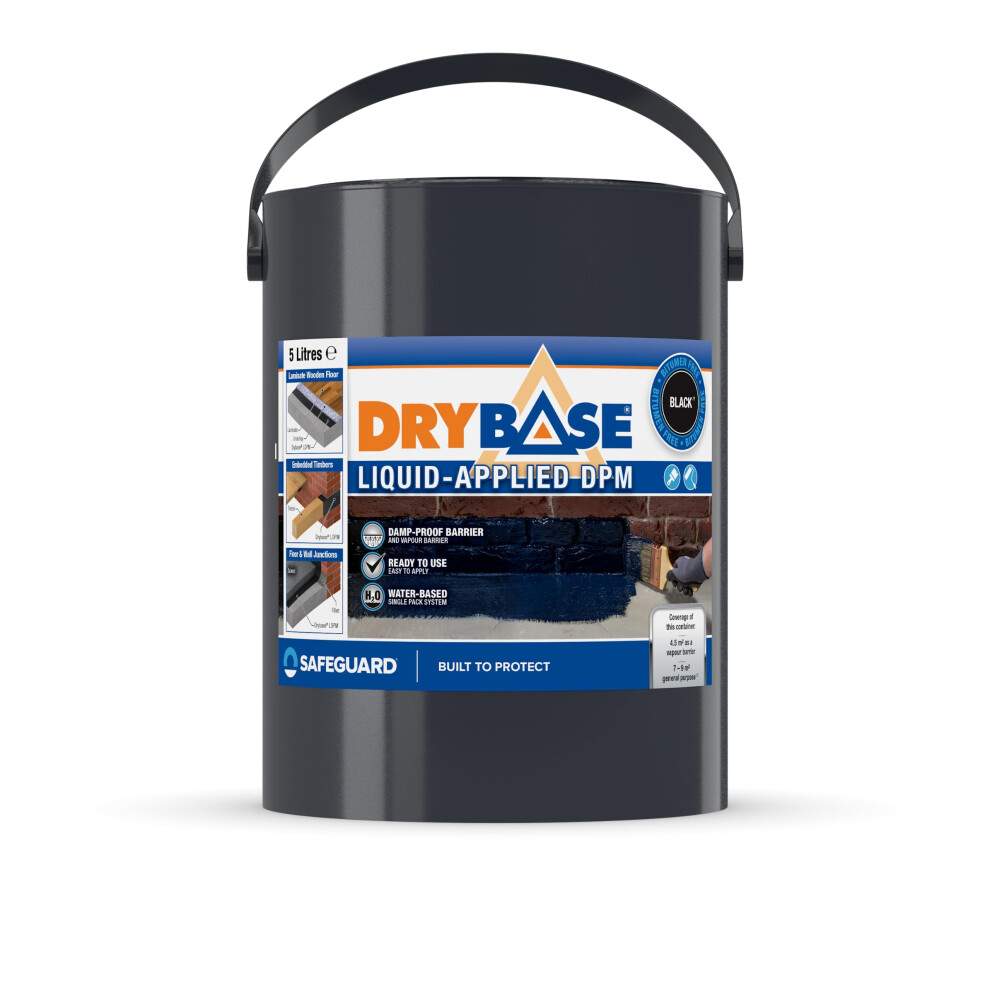 (5L, Black) Drybase Liquid Damp Proof Membrane - Damp Proof Paint for Interior & Exterior Walls and Floors. Waterproof Paint.