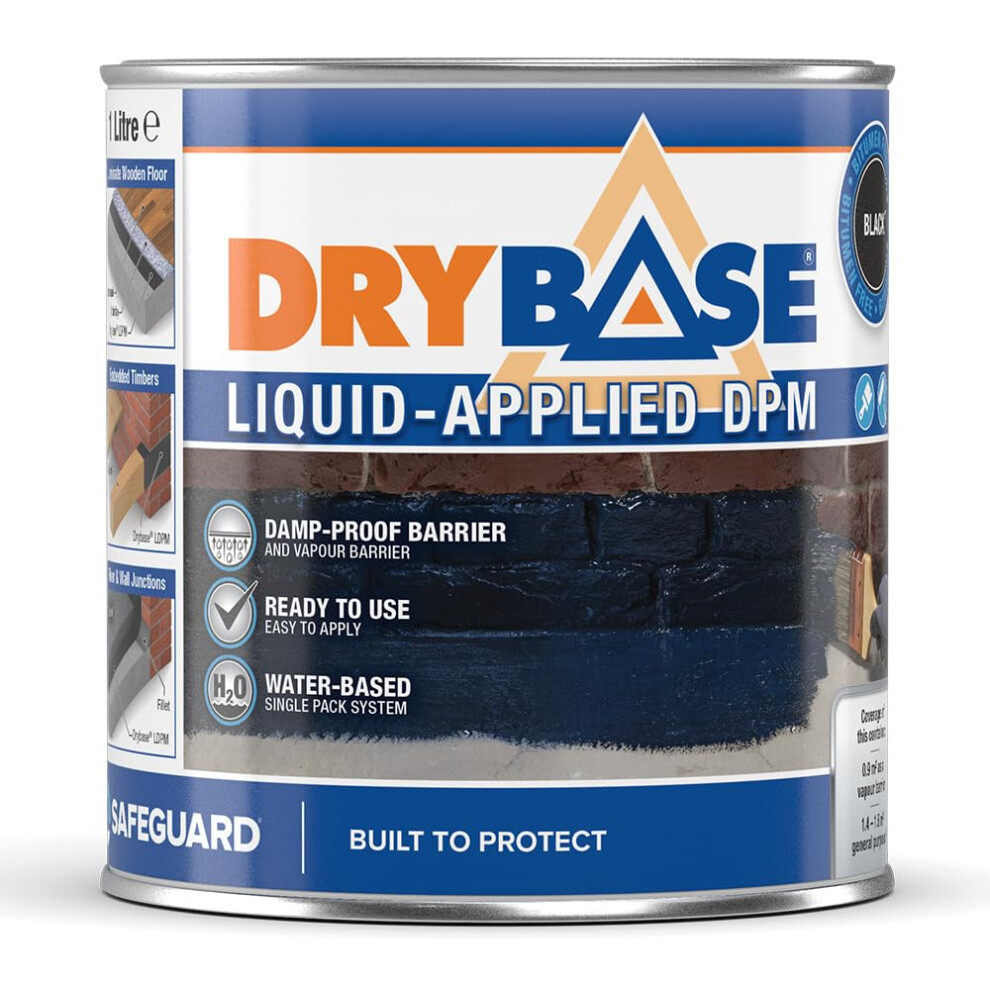 (1L, Black) Drybase Liquid Damp Proof Membrane - Damp Proof Paint for Interior Walls and Floors. Waterproof Paint.