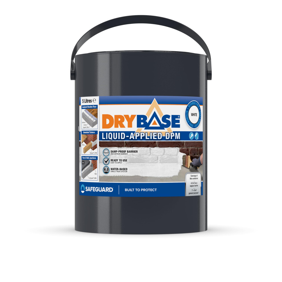 (5L, White) Drybase Liquid Damp Proof Membrane - Damp Proof Paint for Interior & Exterior Walls and Floors. Waterproof Paint.