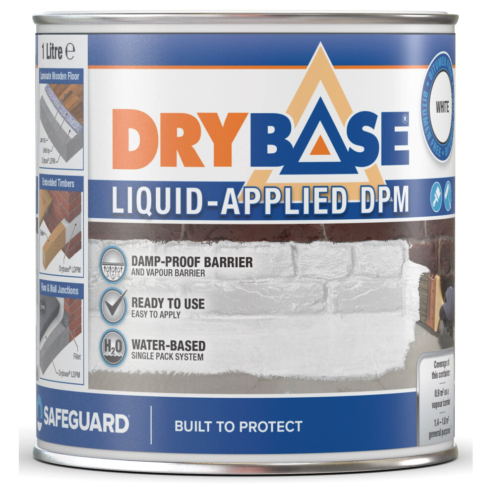 (1L, White) Drybase Liquid Damp Proof Membrane - Damp Proof Paint for Interior & Exterior Walls and Floors. Waterproof Paint.