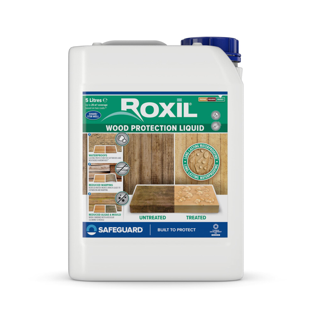 Roxil (5L) Wood Waterproofing Liquid (5L Clear) Wood Preserver Outdoor, Wood Sealer For Decking, Fence, Sheds And Furniture