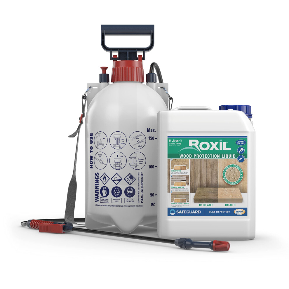 Roxil (5L & Sprayer) Wood Waterproofing Liquid (5L Clear) Wood Preserver Outdoor, Wood Sealer For Decking, Fence, Sheds And Furniture