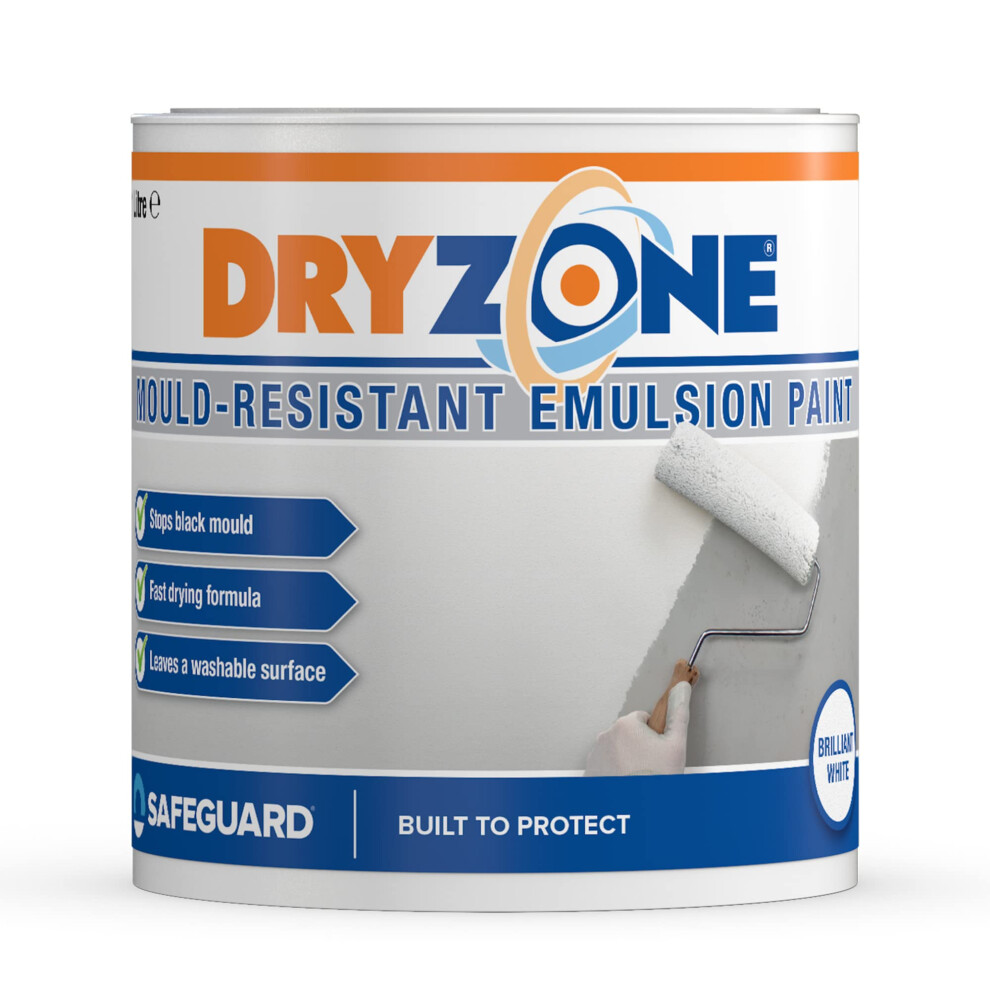Dryzone (1L, White) Anti Mould Paint - 5 Years Protection Against Mould Growth For Walls And Ceiling. 50M² - 60M² Coverage