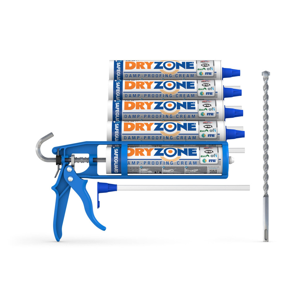 (Pack of 5) Dryzone Damp Proofing Cream DPC Kit (incl. Cox Mastic Gun & Drill Bit) High-Strength, BBA & WTA Approved Rising Damp Treatment