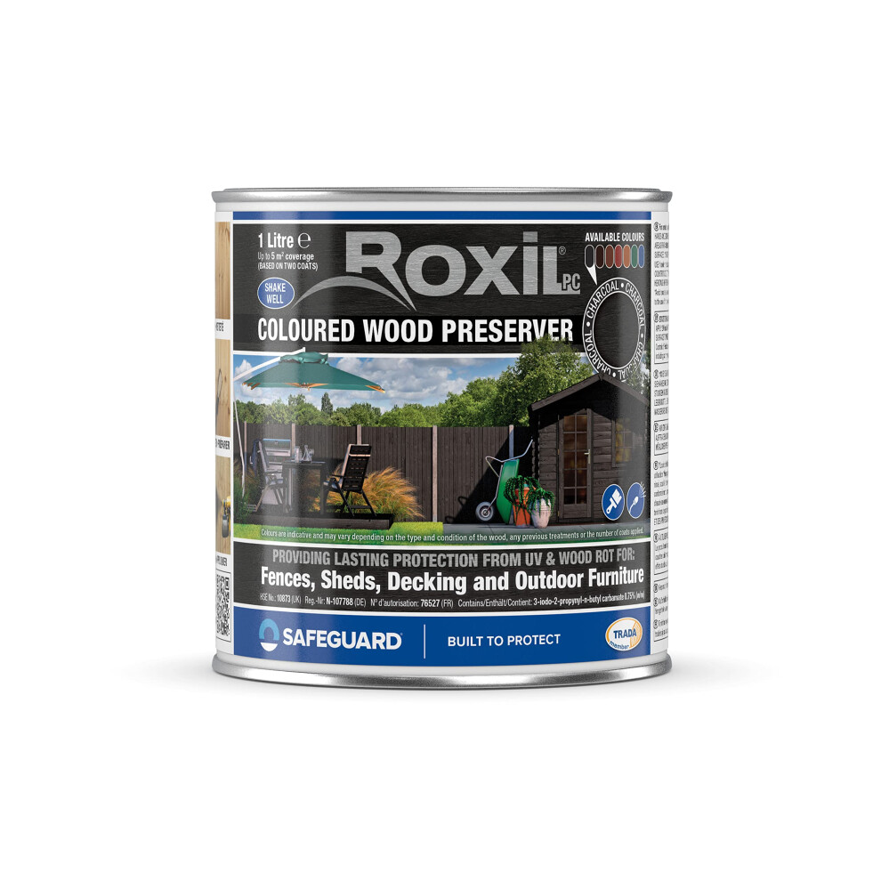 (1L, Charcoal) Roxil Wood Stain Preserver - Fast-Drying Satin Finish for Decking, Fence, Shed, Furniture. Up to 5 Year Protection for Indoor & Outdoor