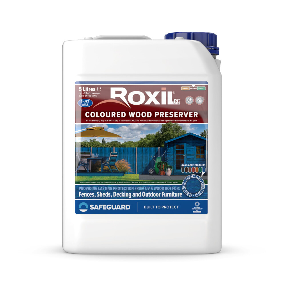 (5L, Cobalt Blue) Roxil Wood Stain Preserver - Fast-Drying Satin Finish for Decking, Fence, Shed, Furniture. Up to 5 Year Protection for Indoor & Outdoor