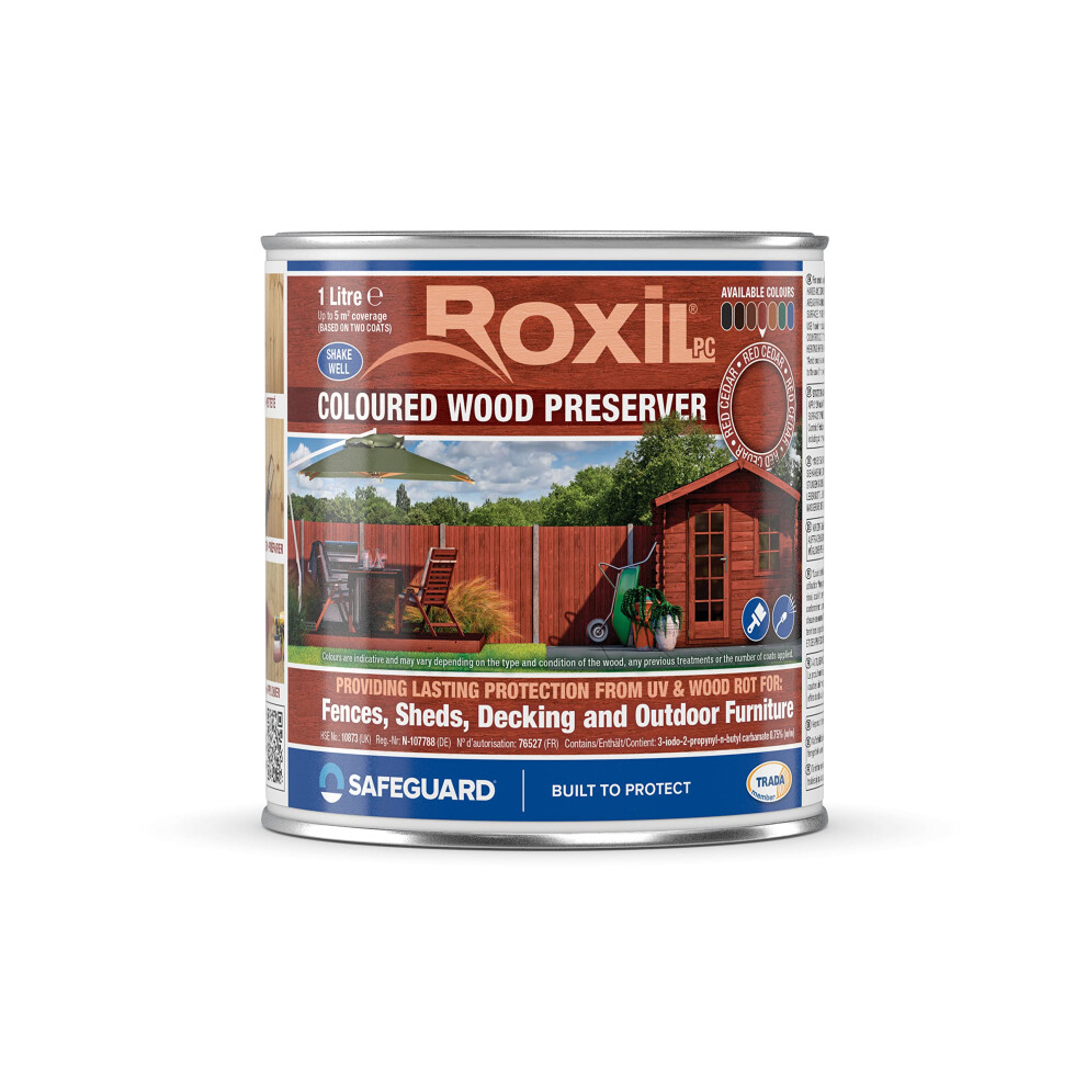 Roxil (1L, Red Cedar) Wood Stain Preserver - Fast-Drying Satin Finish For Decking, Fence, Shed, Furniture. Up To 5 Year Protection For Indoor & Outdoo