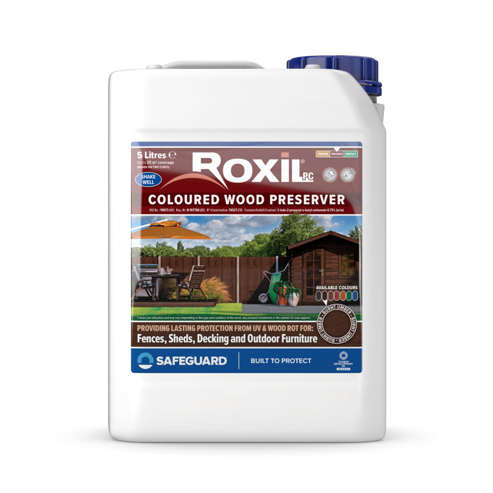 (5L, Burnt Umber) Roxil Wood Stain Preserver - Fast-Drying Satin Finish for Decking, Fence, Shed, Furniture. Up to 5 Year Protection for Indoor & Outdoor