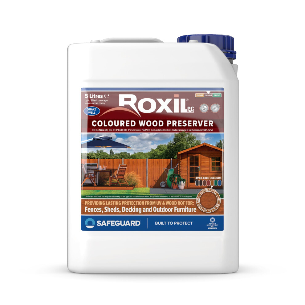 (5L, Autumn Gold) Roxil Wood Stain Preserver - Fast-Drying Satin Finish for Decking, Fence, Shed, Furniture. Up to 5 Year Protection for Indoor & Outdoor