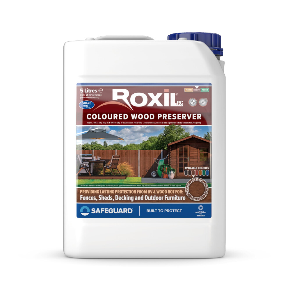 Roxil (5L, Chestnut) Wood Stain Preserver - Fast-Drying Satin Finish For Decking, Fence, Shed, Furniture. Up To 5 Year Protection For Indoor & Outdoor