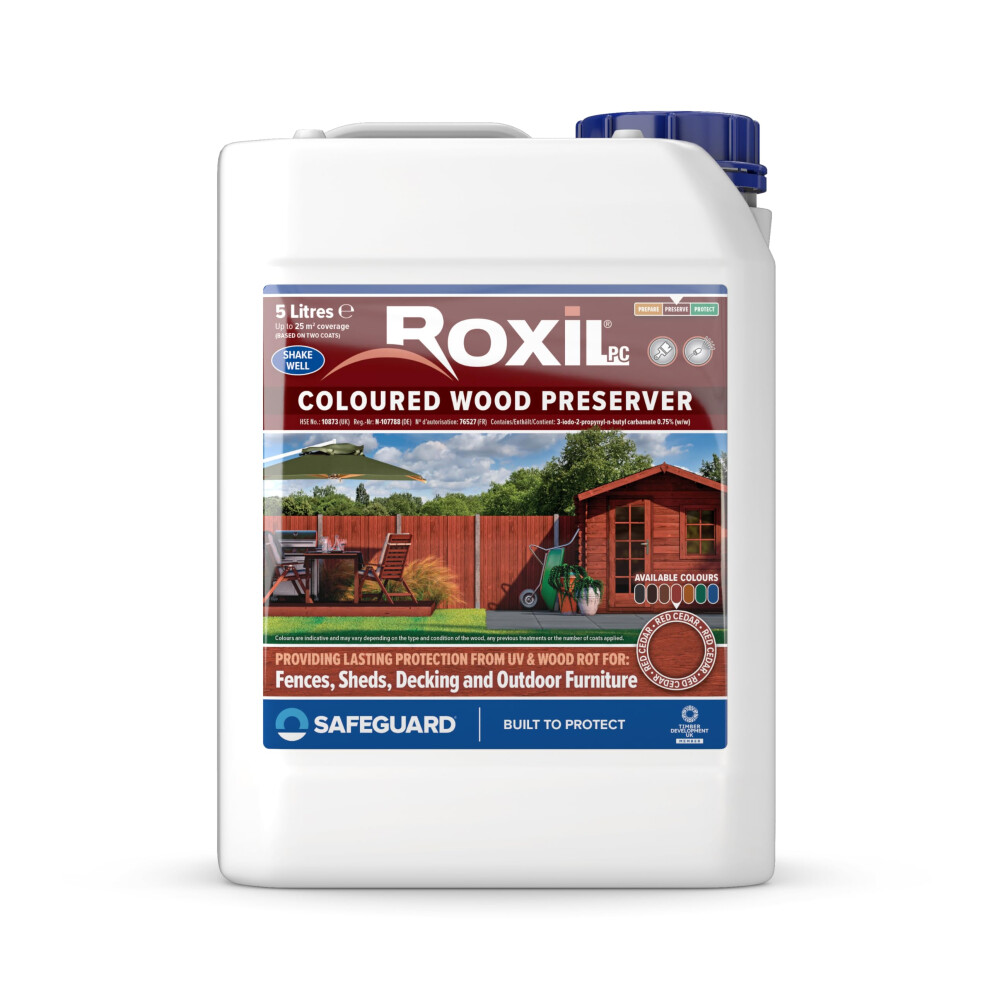 (5L, Red Cedar) Roxil Wood Stain Preserver - Fast-Drying Satin Finish for Decking, Fence, Shed, Furniture. Up to 5 Year Protection for Indoor & Outdoor
