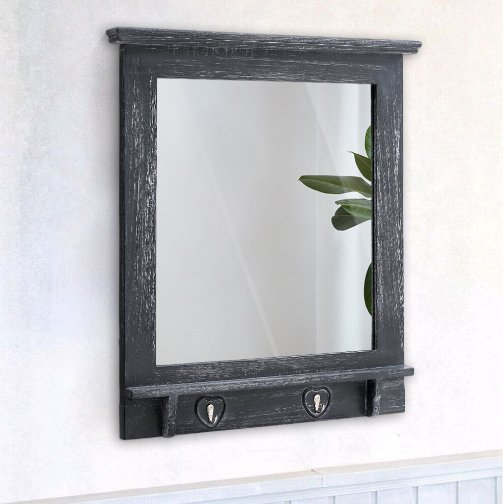 Hallway Bathroom Wall Mirror with Shelf Hooks Vintage Wooden Frame Mirror Decor