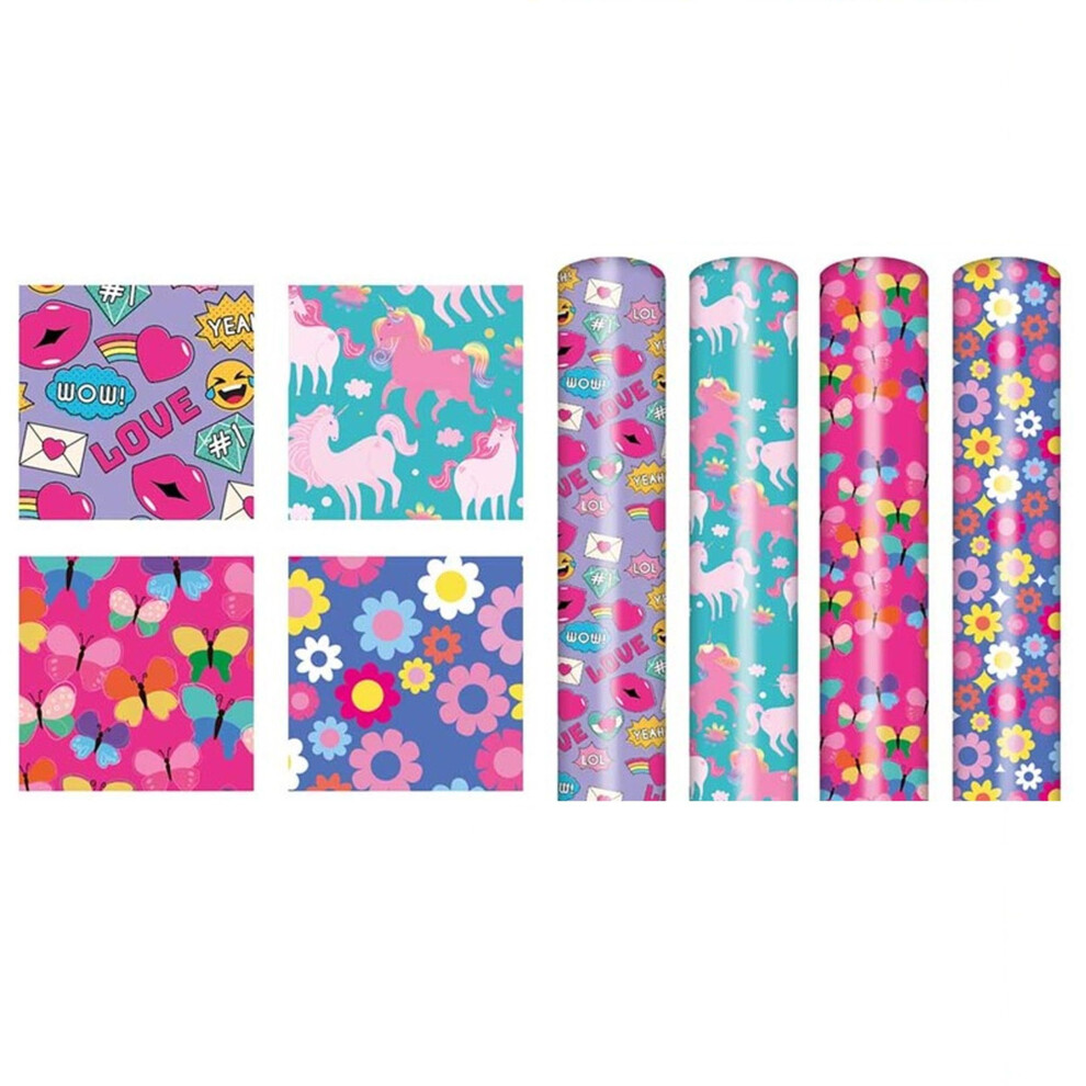 Girls Birthday Wrapping Paper 4 Roll 3M Butterfly Emoji Flower Unicorn