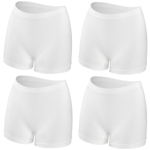 (Pack of 4 White, M) Womens Ladies Plain Underwear Mid Waist Seamless Stretch Boxer Shorts Pants Lot