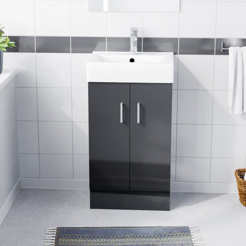 NES Home Nes Home 450mm Anthracite 2 Doors Basin Vanity Unit Bathroom Cabinet 1