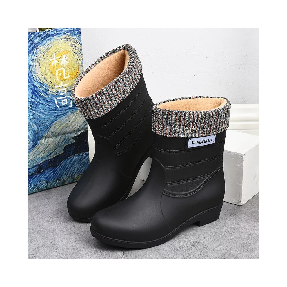(Black, UK5.5) Womens Short Wellies Boots Calf Rain Warmer Waterproof Ladies Rubber Shoes