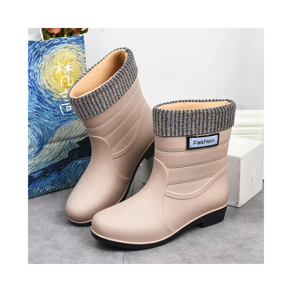 (Khaki, UK5) Womens Short Wellies Boots Calf Rain Warmer Waterproof Ladies Rubber Shoes