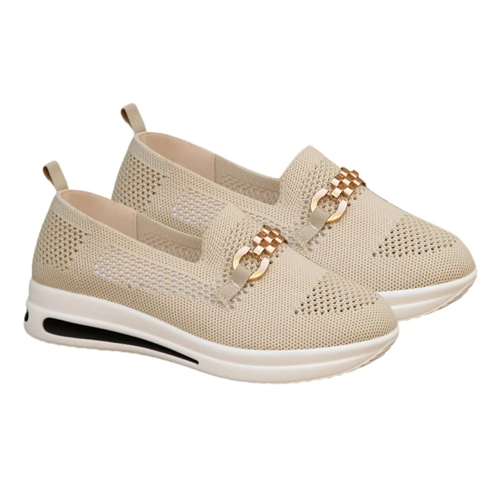 (Beige, UK 6 / EU 39) Womens Flat Loafers Trainers Pumps Slip On Casual Ladies Comfort Shoes Size3-8
