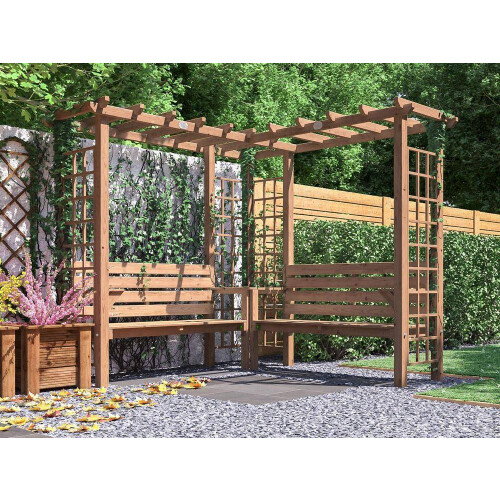 Wooden Pergola Arbour Garden Corner Bench, Armrest and Table Gerlinde