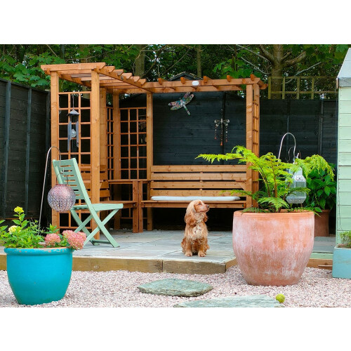 Wooden Pergola Arbour Garden Corner Bench, Armrest and Table Gerlinde 1