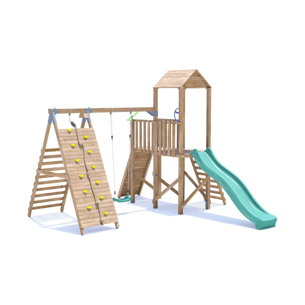 FrontierFort Climbing Frame with Single Swing, High Platform, Tall Climbing Wall & Slide