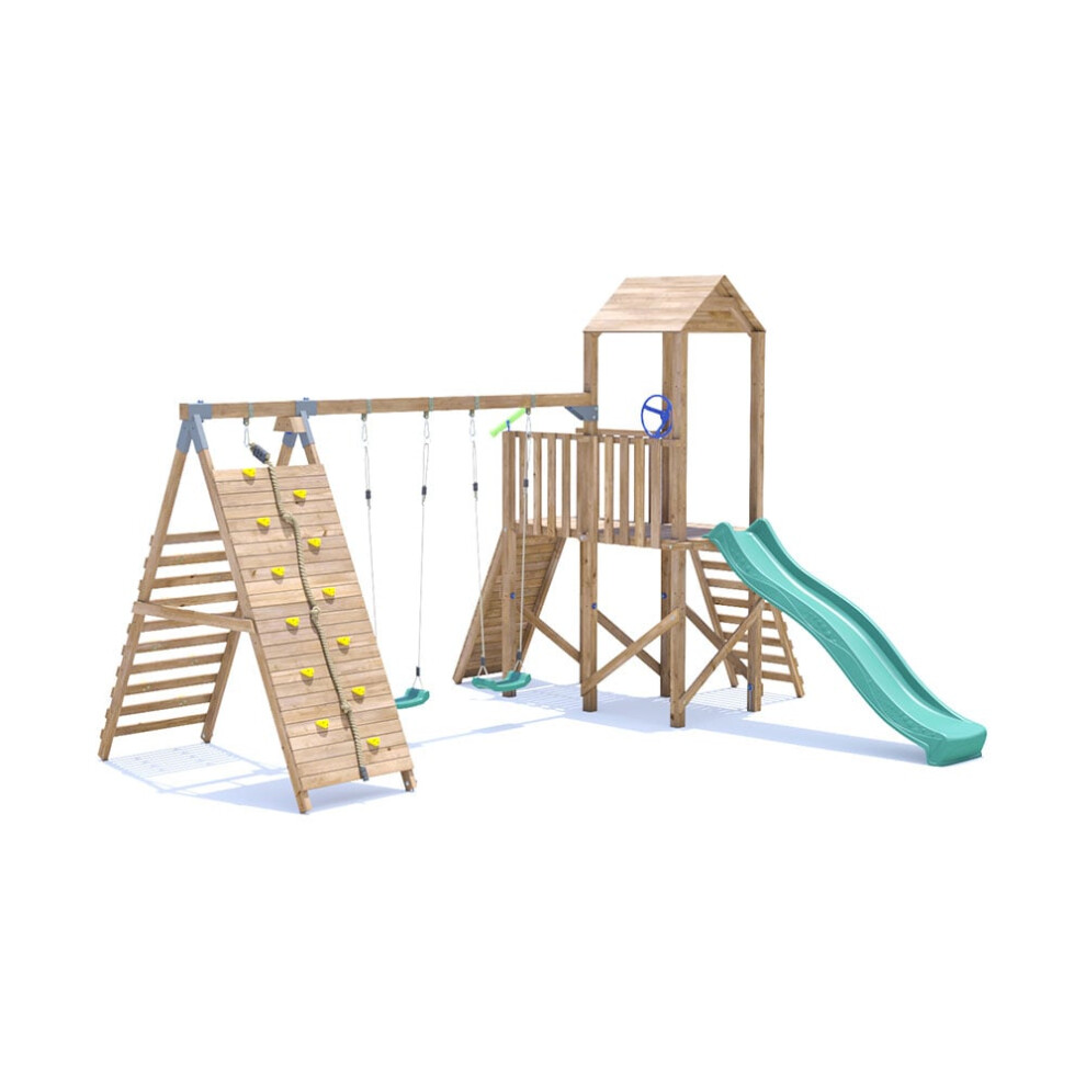 FrontierFort Climbing Frame with Double Swing, High Platform, Tall Climbing Wall & Slide