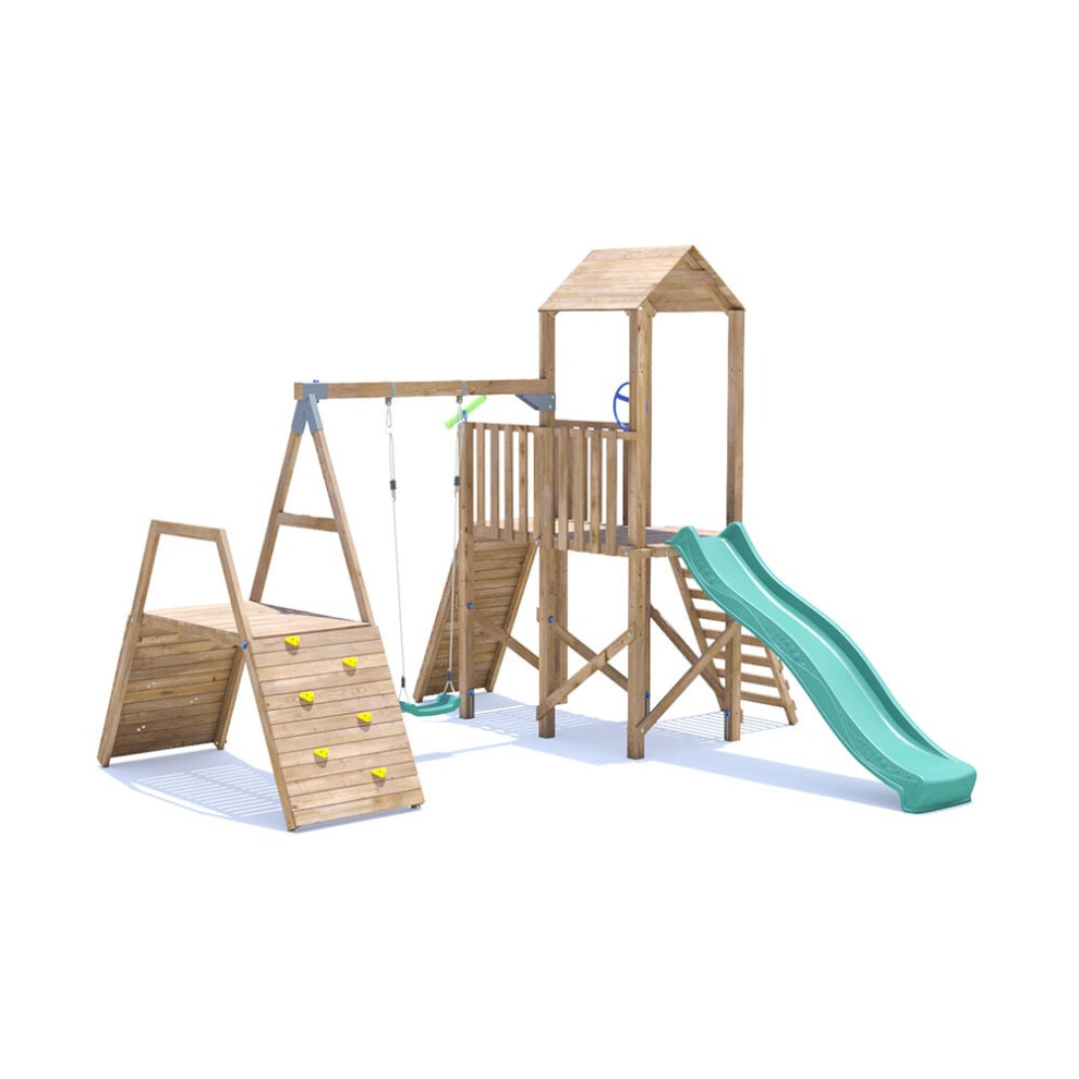 FrontierFort Climbing Frame with Single Swing, HIGH Platform, Climbing Wall & Slide