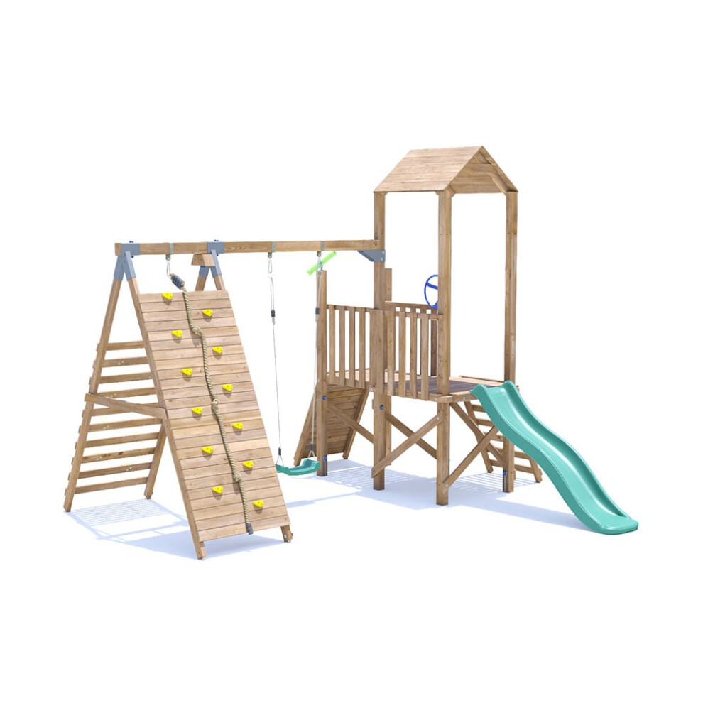 FrontierFort Climbing Frame with Single Swing, LOW Platform, Tall Climbing Wall & Slide