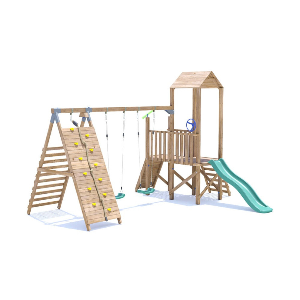 FrontierFort Climbing Frame with Double Swing, LOW Platform, Tall Climbing Wall & Slide