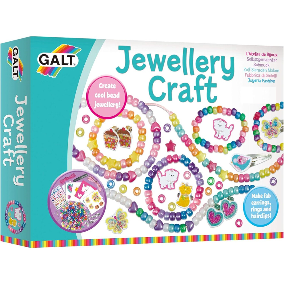 Galt Jewellery Craft Kit Creative Cases Childrens Bracelet and Necklace Making Kit Rings Clip-On Earrings Colourful Gems and Guide Ages 5 Years Plus