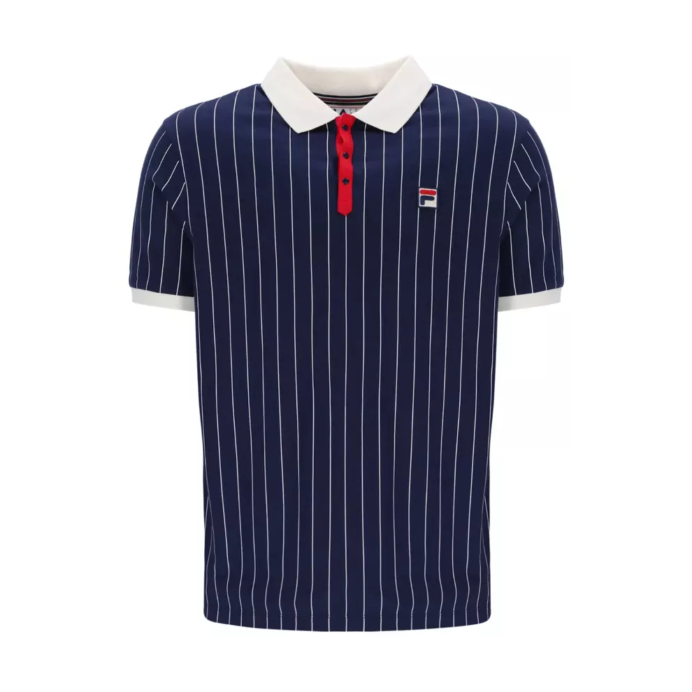 Fila (Navy/Gardenia Small) Men's Retro Classic Cotton Striped Polo Shirt Blue