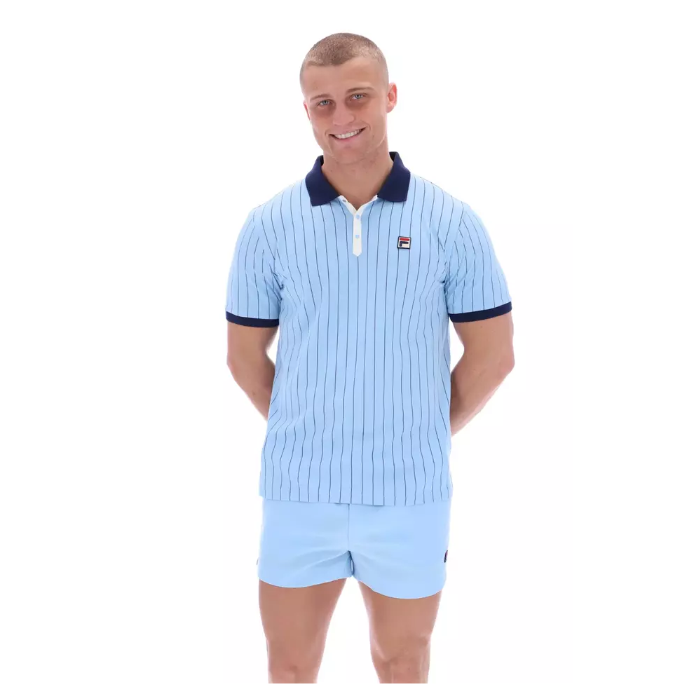 Fila (Bluebell/Navy/Gardenia, Small) Men's Retro Classic Cotton Striped Polo Shirt Blue
