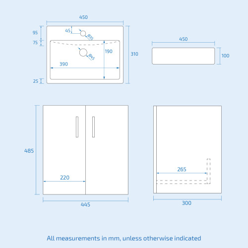 NES Home Nes Home 450mm White 2 Doors Basin Vanity Unit Wall Hung Bathroom Cabinet 1