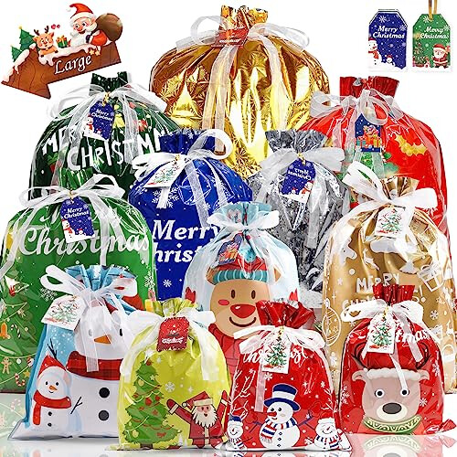 Christmas Bags 30Pcs Christmas Drawstring Gift Bags Assorted Sizes Large Medium Small Christmas Wrapping Bags 12 Design Goody Bags for Presents with on OnBuy